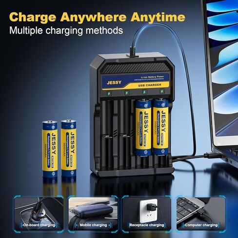 3.7Volt Rechargeable Battery Charger Set, 3.7Volt Rechargeable Battery Button Top 3000mAh for Flashlights, Headlamp(6Pack Batteries Button Top+Charger) in Kuwait