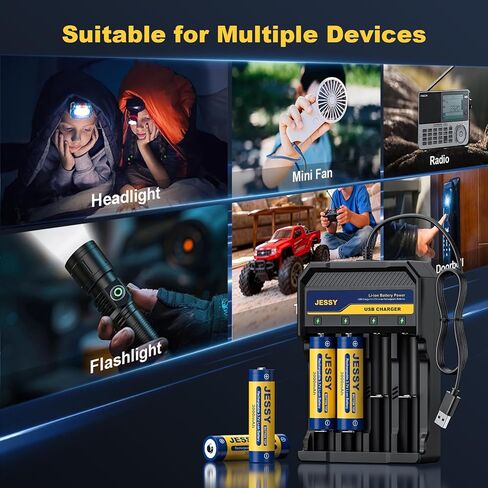 3.7Volt Rechargeable Battery Charger Set, 3.7Volt Rechargeable Battery Button Top 3000mAh for Flashlights, Headlamp(6Pack Batteries Button Top+Charger) in Kuwait