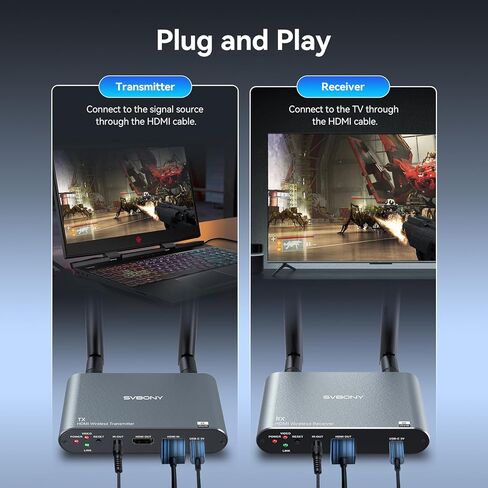 جهاز إرسال واستقبال HDMI لاسلكي SVBONY TransAir2 4K 30 هرتز، 5.8 جيجا هرتز، 1TX إلى 4 RXS، 1000 قدم، حلقة HDMI، تمديد IR، زمن انتقال 0.06 ثانية، 9 قنوات، من الكمبيوتر الشخصي والكمبيوتر المحمول وSTB إلى التلفزيون وجهاز العرض والشاشة in Kuwait