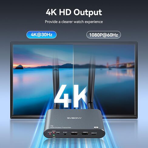 جهاز إرسال واستقبال HDMI لاسلكي SVBONY TransAir2 4K 30 هرتز، 5.8 جيجا هرتز، 1TX إلى 4 RXS، 1000 قدم، حلقة HDMI، تمديد IR، زمن انتقال 0.06 ثانية، 9 قنوات، من الكمبيوتر الشخصي والكمبيوتر المحمول وSTB إلى التلفزيون وجهاز العرض والشاشة in Kuwait