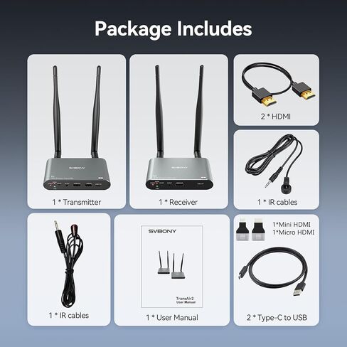 جهاز إرسال واستقبال HDMI لاسلكي SVBONY TransAir2 4K 30 هرتز، 5.8 جيجا هرتز، 1TX إلى 4 RXS، 1000 قدم، حلقة HDMI، تمديد IR، زمن انتقال 0.06 ثانية، 9 قنوات، من الكمبيوتر الشخصي والكمبيوتر المحمول وSTB إلى التلفزيون وجهاز العرض والشاشة in Kuwait