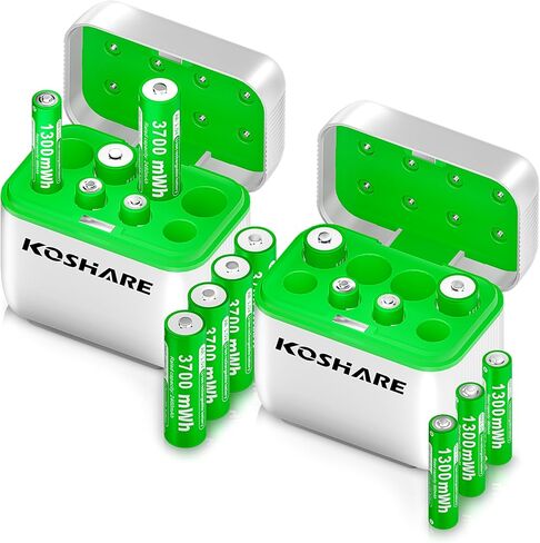 Rechargeable Lithium Battery with Charger,2 Boxes of 16pcs 1.5V 3700mWh AA and 1300mWh AAA High Capacity Li-ion Batteries,Reach up to 1200 Times (Black+Green, (4AA4AAA+8Slot Charger)*2) in Saudi Arabia