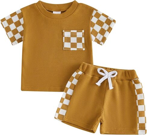 Allshope تي شيرت صيفي للأطفال الصغار من Allshope مزين برقعة الشطرنج، شورت بخصر مطاطي، مجموعة ملابس وافل للأطفال حديثي الولادة in Saudi Arabia