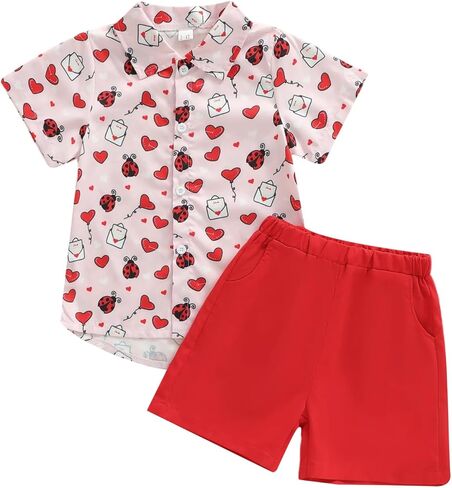 Toddler Baby Boy Valentine's Day Outfit Heart Ladybug Print Button Down Shirt and Shorts Set in Saudi Arabia