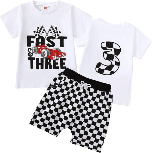 Dcohmch 1st/2nd/3rd Birthday Boy Outfit Race Car Theme Tee Shirt and Checkerboard Shorts 1-3 Year Old Boys Clothes Set in Saudi Arabia