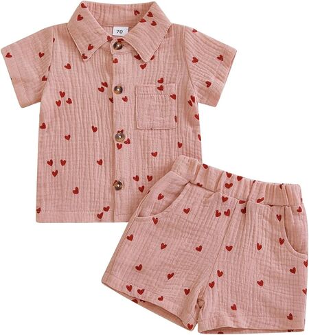 Toddler Baby Boy Valentines Day Outfit Heart Print Cotton Linen Short Sleeve Button Down Shirt and Shorts Set in Saudi Arabia