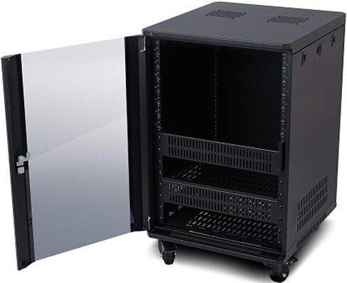 Strong SR-FS-SYSTEM-DC-15U FS-Series 15U Rack System with DC Fans, Steel with 24" Deep Black Powder Coat/Tinted & Tempered Glass Door, 750 lbs Maximum Load Weight, Low-Profile Casters in Saudi Arabia