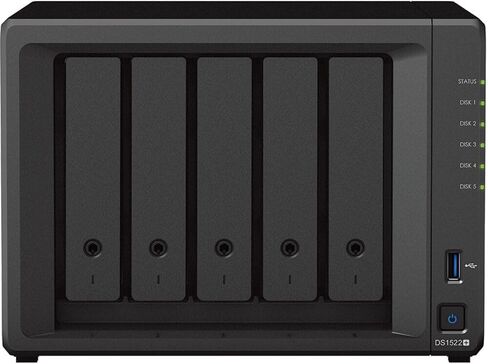 Synology DiskStation DS1522+ NAS Server with Ryzen 2.6GHz CPU, 32GB Memory, 10TB SSD Storage, 1TB M.2 NVMe SSD, 4 x 1GbE LAN Ports, DSM Operating System in Saudi Arabia