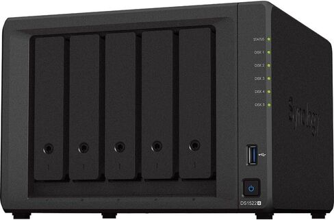 Synology DiskStation DS1522+ NAS Server with Ryzen 2.6GHz CPU, 32GB Memory, 10TB SSD Storage, 1TB M.2 NVMe SSD, 4 x 1GbE LAN Ports, DSM Operating System in Saudi Arabia