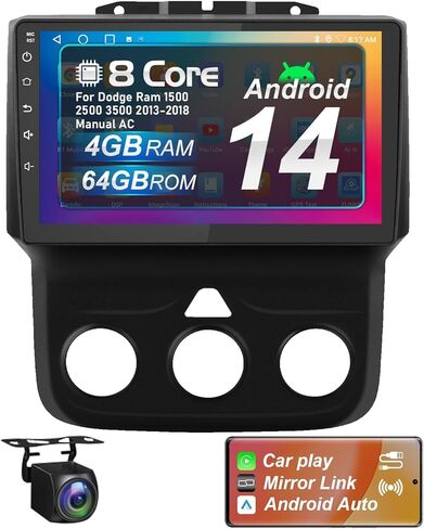 راديو سيارة Android 14 8 Core 4+64G مطور لسيارة Dodge Ram 2013-2019 1500 2500 3500 تيار متردد يدوي مع تشغيل لاسلكي وشاشة لمس فائقة الدقة Android Auto 9 بوصة، AM/FM/RDS، كاميرا احتياطية، SWC in Kuwait