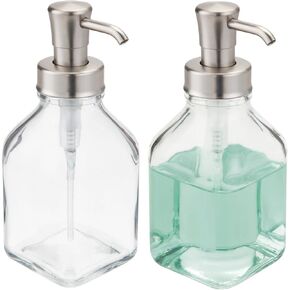 mDesign Square Glass Refillable Liquid Soap Dispenser Pump Bottle for Bathroom Vanity Countertop, Kitchen Sink - Holds Hand Soap, Dish Soap, Hand Sanitizer, Essential Oils - 2 Pack - Clear/Soft Brass in Saudi Arabia