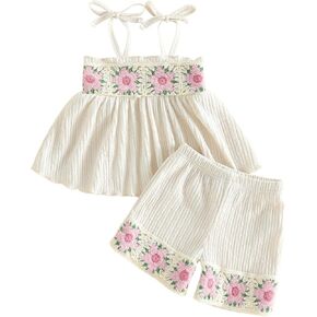 Baby Girl Summer Clothes Crochet Flower Sleeveless Tops and Shorts Sets Boho Beach Toddler Girls Outfits in Kuwait