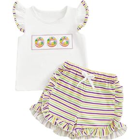 Toddler Baby Girl Mardi Gras Outfit Mask Embroidery Flutter Sleeve T Shirt Ruffle Shorts 2 Piece Carnival Clothes Set in Kuwait