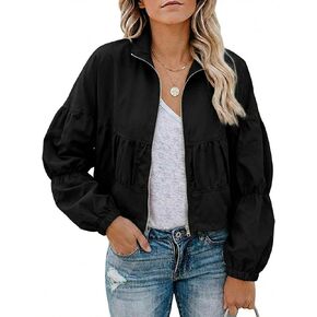Watashi Women Casual Cropped Jacket Lightweight Zip Up Pleated Bomber Safari Short Jackets Pocketed Fall Utility Anorak Coat in Saudi Arabia