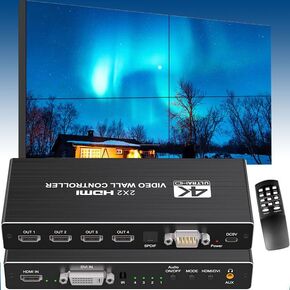 وحدة تحكم حائط الفيديو 2×2 4K، تحويل 4 شاشات تلفزيون إلى شاشة حائط واحدة مع مدخل HDMI وDVI 4K، دوران 180 درجة، مخرج صوت، جهاز تحكم عن بعد بالأشعة تحت الحمراء/RS232/زر التحكم بالضغط in Kuwait