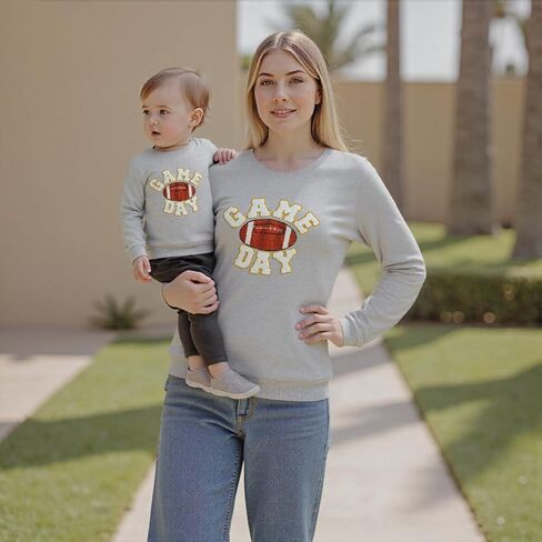 Karwuiio Mommy and Me Outfit Football Famliy قمصان متطابقة للعبة يوم التطريز بأكمام طويلة من النوع الثقيل الخريف in Kuwait