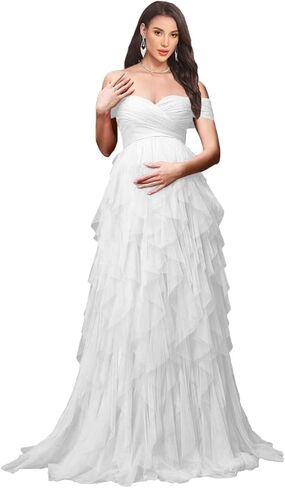 Women's Tulle Maternity Dresses for Photoshoot Off Shoulder Tiered Ruffle Baby Shower Dress in Saudi Arabia