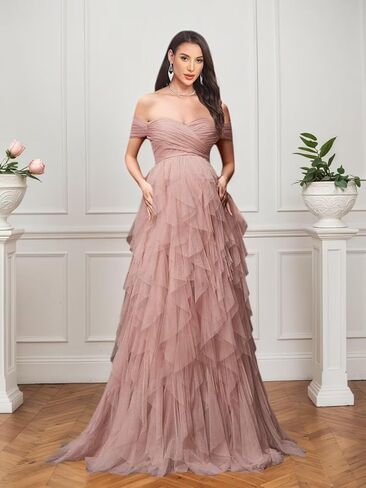 Women's Tulle Maternity Dresses for Photoshoot Off Shoulder Tiered Ruffle Baby Shower Dress in Saudi Arabia