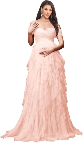 Women's Tulle Maternity Dresses for Photoshoot Off Shoulder Tiered Ruffle Baby Shower Dress in Saudi Arabia