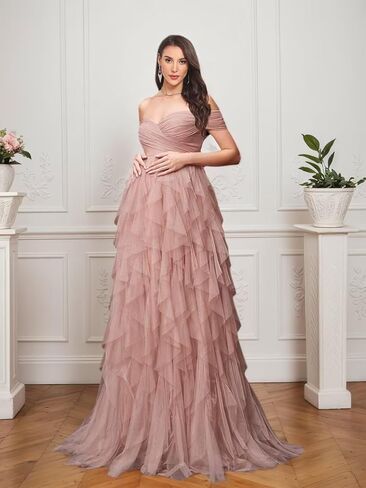 Women's Tulle Maternity Dresses for Photoshoot Off Shoulder Tiered Ruffle Baby Shower Dress in Saudi Arabia