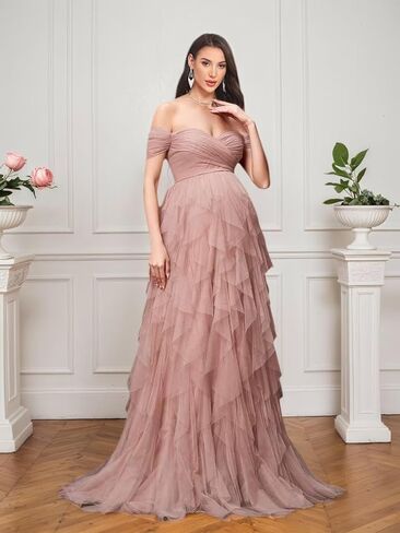 Women's Tulle Maternity Dresses for Photoshoot Off Shoulder Tiered Ruffle Baby Shower Dress in Saudi Arabia