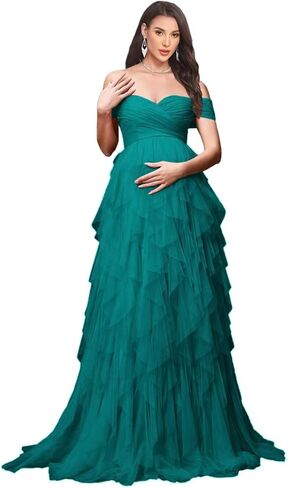 Women's Tulle Maternity Dresses for Photoshoot Off Shoulder Tiered Ruffle Baby Shower Dress in Saudi Arabia