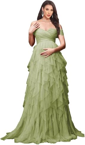 Women's Tulle Maternity Dresses for Photoshoot Off Shoulder Tiered Ruffle Baby Shower Dress in Saudi Arabia