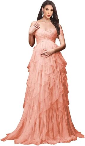 Women's Tulle Maternity Dresses for Photoshoot Off Shoulder Tiered Ruffle Baby Shower Dress in Saudi Arabia