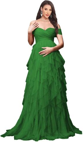 Women's Tulle Maternity Dresses for Photoshoot Off Shoulder Tiered Ruffle Baby Shower Dress in Saudi Arabia