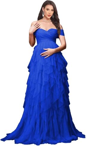 Women's Tulle Maternity Dresses for Photoshoot Off Shoulder Tiered Ruffle Baby Shower Dress in Saudi Arabia