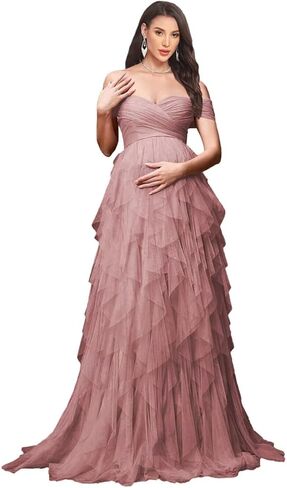Women's Tulle Maternity Dresses for Photoshoot Off Shoulder Tiered Ruffle Baby Shower Dress in Saudi Arabia