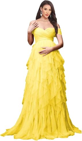 Women's Tulle Maternity Dresses for Photoshoot Off Shoulder Tiered Ruffle Baby Shower Dress in Saudi Arabia