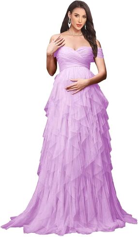 Women's Tulle Maternity Dresses for Photoshoot Off Shoulder Tiered Ruffle Baby Shower Dress in Saudi Arabia