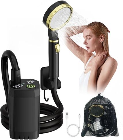 Portable Shower for Camping, Rechargeable Camping Shower Pump with LED Display of Battery Level and Temperature, Lasting-180 Mins, Suitable for Outdoor Shower, Pet Bath, Car Washing in Saudi Arabia