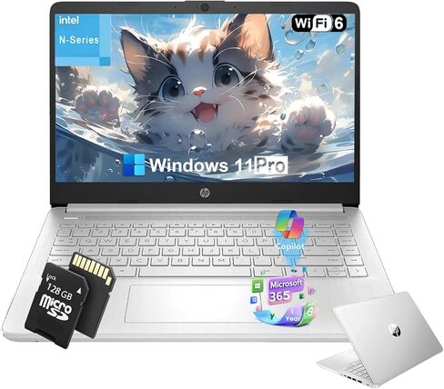 كمبيوتر محمول HP 14 بوصة للطلاب والأعمال - معالج Intel 4-Core، ذاكرة الوصول العشوائي 16 جيجابايت، 128 جيجابايت UFS وبطاقة SD 256 جيجابايت، Ai Copilot، مكتب 365 لمدة عام، Win 11 Pro، طوال اليوم (أخضر) in Kuwait