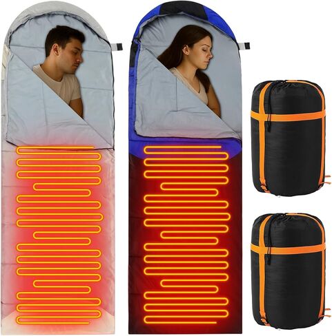 2 Pack Heated Sleeping Bag for Adults USB Electric Cold Weather Sleeping Bag with 4 Zone Carbon Fiber 3 Adjustable Heating Levels Waterproof for All Season Camping & Hiking in Saudi Arabia