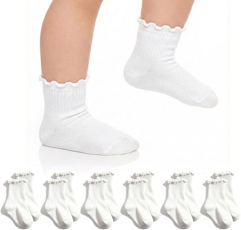6 Pairs Toddler Ruffle Socks for Girls, Cotton Toddler Ruffle Socks, Ankle Socks, White Toddler Girl Sock in Saudi Arabia