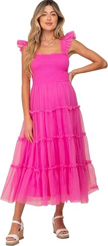 PinkBlush Smocked Mesh Ruffle Accent Maternity Midi Dress in Saudi Arabia
