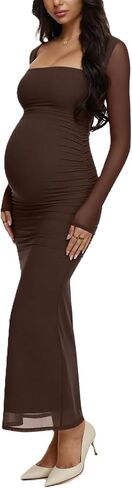 Long Sleeve Maternity Maxi Dress for Wedding Guest Elegant Mesh Square Neck Ruched Bodycon Formal Maternity Dress in Saudi Arabia