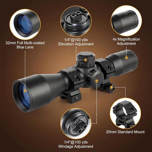 نطاق بندقية Persei 4x32 خفيف الوزن ومدمج 1 بوصة نطاق صيد شبكاني ميل دوت مع قضيب Ruger 10/22 Picatinny in Kuwait