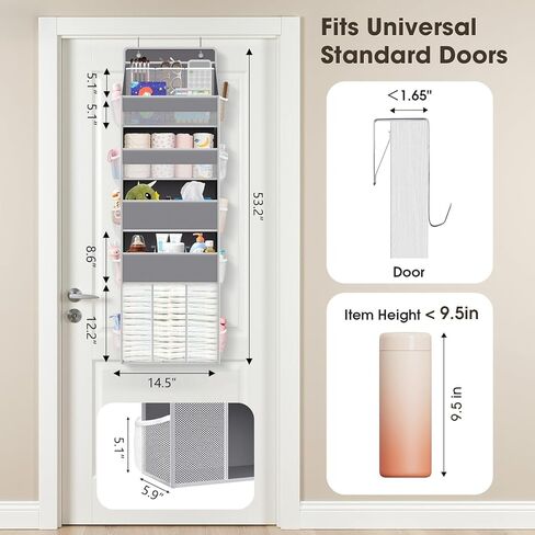 WISELIFE 5-Tier Over the Door Organizer for Nursery Hanging, Gray | Multi-Pocket Back of Door Baby Organizer for Diapers, Clothes & Nursery Essentials, Heavy-Duty Large Capacity, 50 Lb Capacity in Saudi Arabia