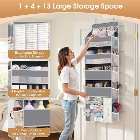WISELIFE 5-Tier Over the Door Organizer for Nursery Hanging, Gray | Multi-Pocket Back of Door Baby Organizer for Diapers, Clothes & Nursery Essentials, Heavy-Duty Large Capacity, 50 Lb Capacity in Saudi Arabia