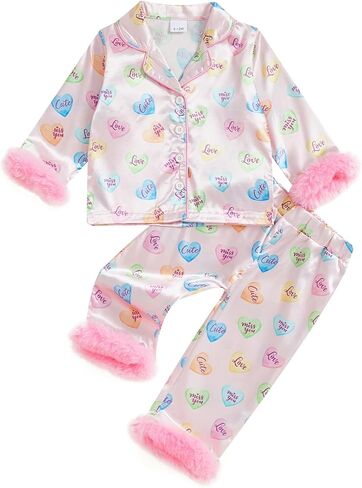 2Pcs Valentines Pajamas for Toddler Girl Lapel Button Bows Heart Print Tops and Pants Little Kids Girls PJ Nightgown in Saudi Arabia