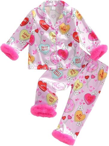 2Pcs Valentines Pajamas for Toddler Girl Lapel Button Bows Heart Print Tops and Pants Little Kids Girls PJ Nightgown in Saudi Arabia