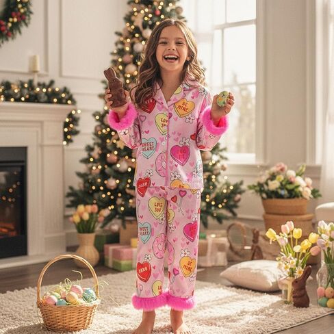 2Pcs Valentines Pajamas for Toddler Girl Lapel Button Bows Heart Print Tops and Pants Little Kids Girls PJ Nightgown in Saudi Arabia