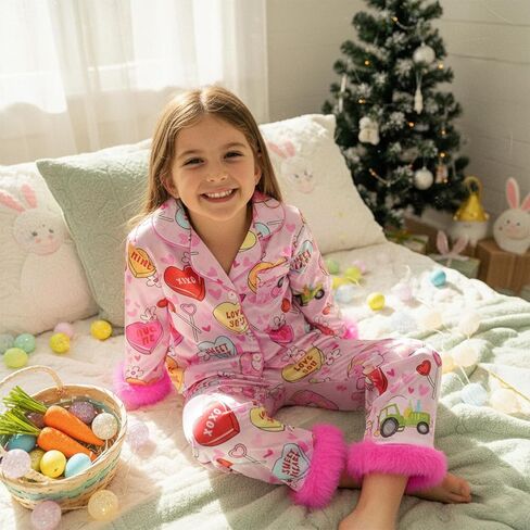 2Pcs Valentines Pajamas for Toddler Girl Lapel Button Bows Heart Print Tops and Pants Little Kids Girls PJ Nightgown in Saudi Arabia