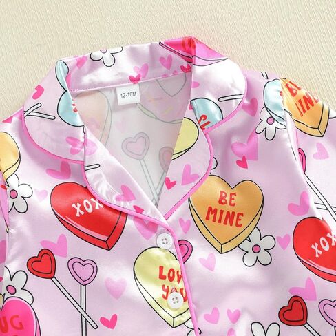2Pcs Valentines Pajamas for Toddler Girl Lapel Button Bows Heart Print Tops and Pants Little Kids Girls PJ Nightgown in Saudi Arabia
