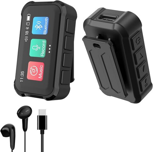 مشغل MP3 مع بلوتوث، مشغل موسيقى رقمي محمول بدون فقدان 32 جيجا مع سماعات رأس USB c، شاشة لمس كاملة 1.47 بوصة، مسجل صوت رقمي، كتاب إلكتروني، تصميم مشبك خلفي صغير، أسود in Saudi Arabia