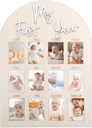 My First Year Photo Board, Wooden 1st Birthday Decorations for Her, 12 Monthly Milestone Signs, Personalized One Year Old Picture Frame for Sweet One Birthday Party, Baby Shower Party in Saudi Arabia