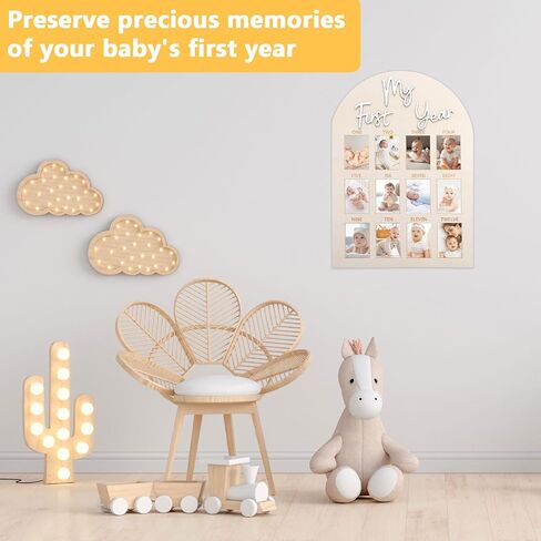 My First Year Photo Board, Wooden 1st Birthday Decorations for Her, 12 Monthly Milestone Signs, Personalized One Year Old Picture Frame for Sweet One Birthday Party, Baby Shower Party in Saudi Arabia